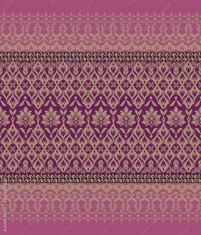 Damascus fabric pattern, full fabric pattern vertical damask model Valentine's Day style Pink background, gold color, illustration, vector Damascus fabric pattern, full fabric pattern vertical damask model Valentine's Day style Pink background, gold color, illustration, vector