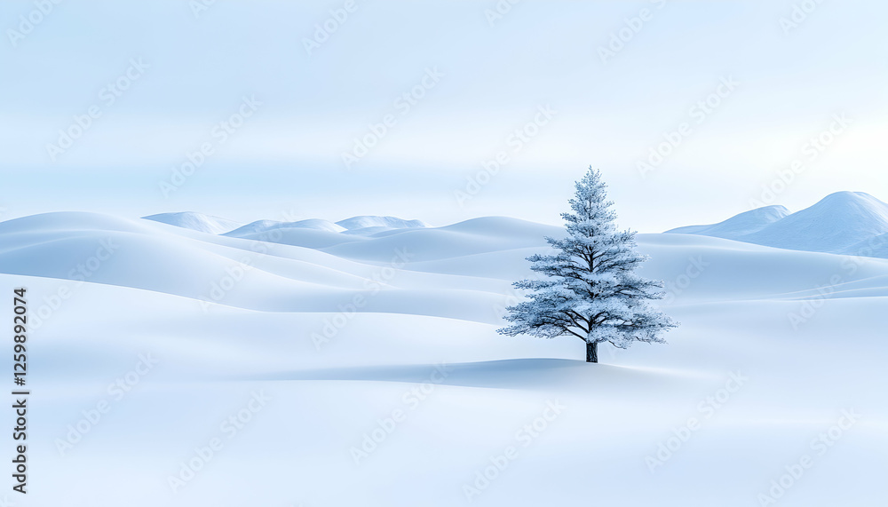 Snowy tree stands alone in a winter landscape with rolling hills and mountains Snowy tree stands alone in a winter landscape with rolling hills and mountains