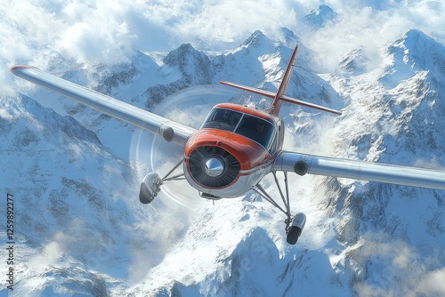 Cessna High-Wing Airplane Flying Over Snowy Mountains at Low Altitude with Another Plane in Background, Showcasing Hyper-Realistic Cinematic Lighting