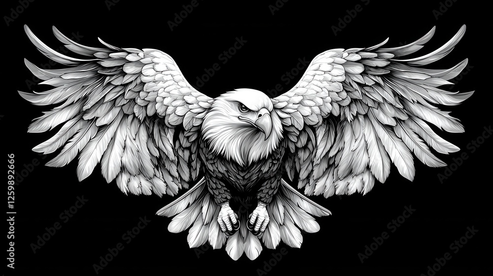 Obraz premium Majestic Monochrome Eagle with Powerful Outstretched Wings Soaring Through the Sky