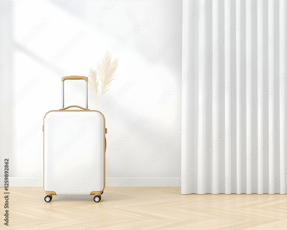 Travel suitcase mockup indoors, herringbone floor, for ad, blog, tourism, holiday Travel suitcase mockup indoors, herringbone floor, for ad, blog, tourism, holiday