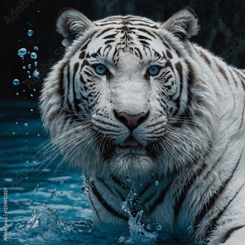 .Ein weißer Tiger in voller Geschwindigkeit, der neben strahlend blauem Gletscherwasser rennt, mit einem sauberen weißen Hintergrund.