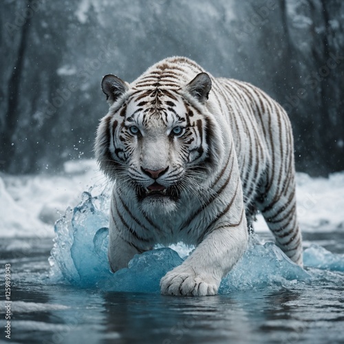 Ein dynamischer weißer Tiger, der neben eisblauem Gletscherwasser läuft, dargestellt in hyperrealistischem Stil vor einem klaren weißen Hintergrund