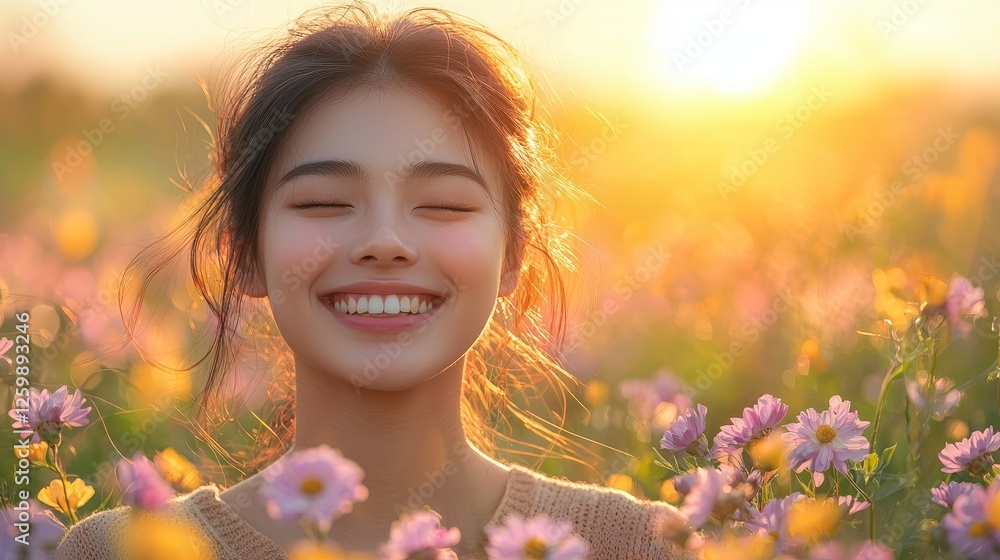 Fototapeta premium Happy asian lady smiling amidst colorful flowers in nature joyful outdoor scene bright and cheerful atmosphere