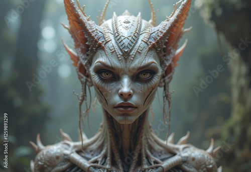  Close-up of a captivating fantasy creature in a mystical forest. This close-up image showcases a detailed fantastical creature possibly a forest spirit or nymph photo