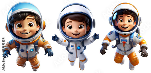 Close-up of a cartoon character of a cute smiling kid in astronaut suit or space suit and space helmet. Isolated on transparent or white background, Png. Collection and variation. Generative Ai.