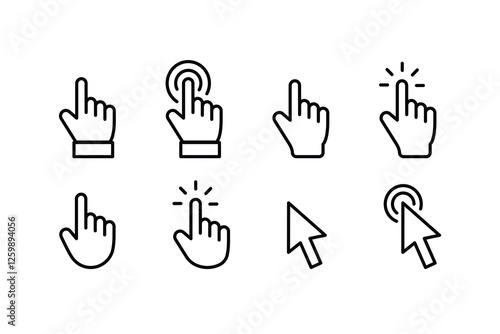 Cursor icons set. Cursor set in hand, arrow and mouse forms, mouse click cursor set, arrow and hand pointer. Vector illustration.