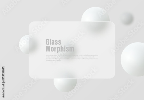 Abstract minimalistic background for glass morphism style presentation slide. Transparent material of partition and spheres.