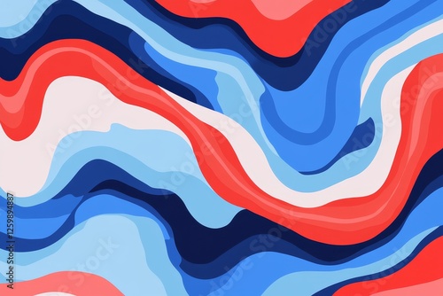 An abstract design consisting of wavy blue and red lines is set on a white background