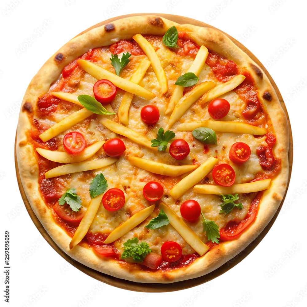 Delicious homemade pizza with french fries and cherry tomatoes hot red on transparent background Delicious homemade pizza with french fries and cherry tomatoes hot red on transparent background