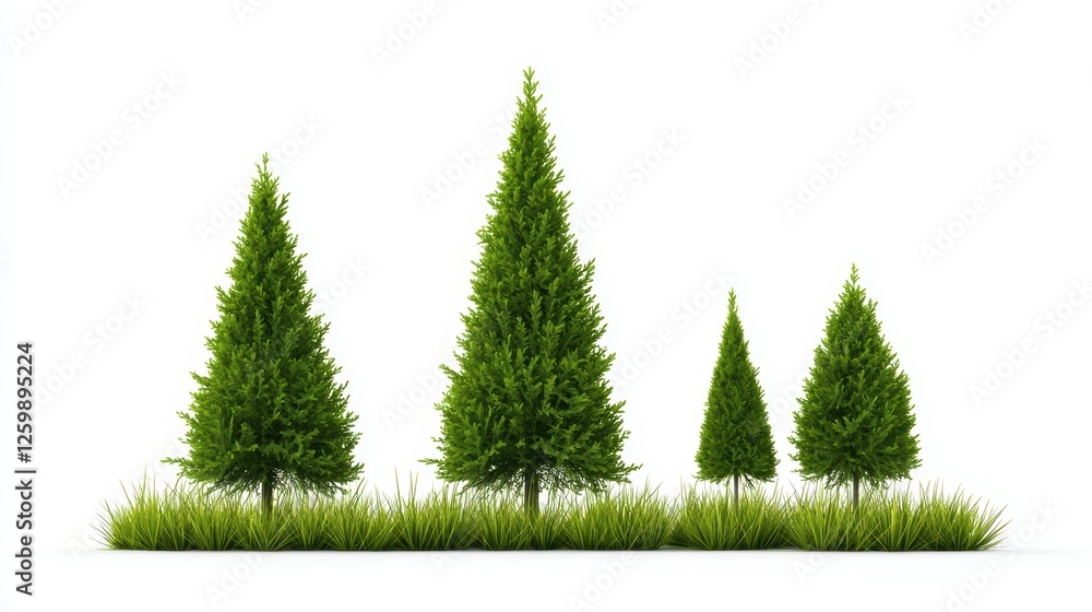 Fototapeta premium Three trees in green grass against a pristine white backdrop three