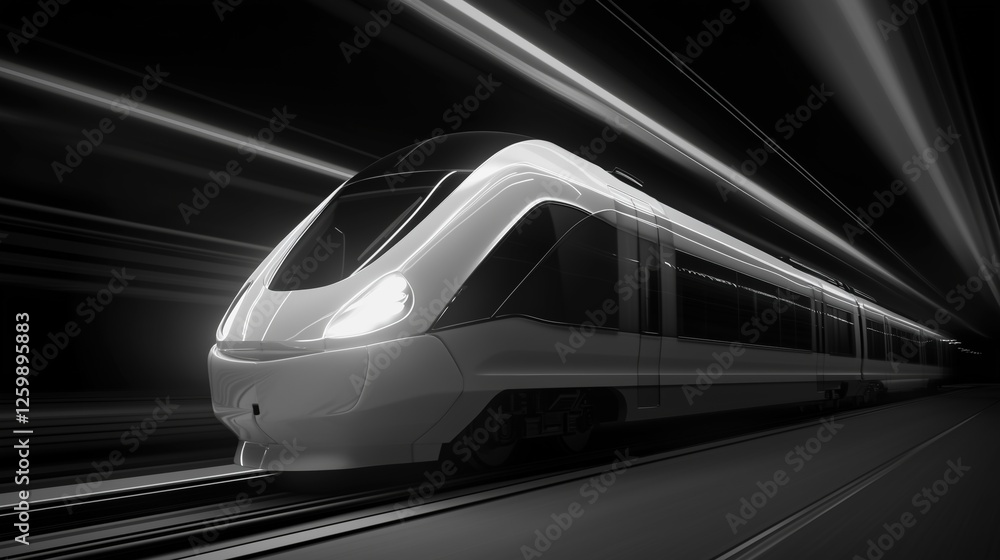 Naklejka premium Black and white futuristic high-speed train in motion at night with blurred light trails. Modern transportation and urban mobility