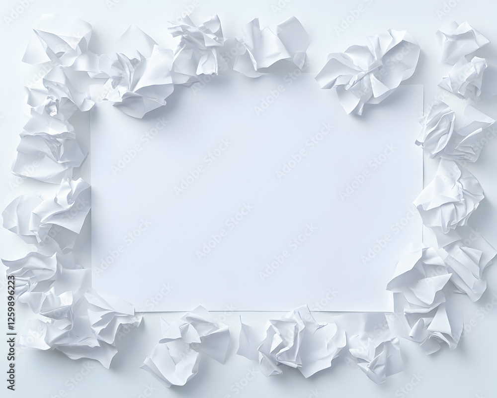 Blank paper sheet surrounded by crumpled white papers. Work progress, idea Blank paper sheet surrounded by crumpled white papers. Work progress, idea