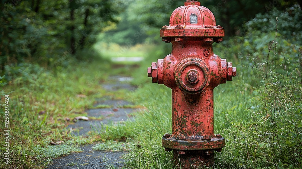 A weathered red fire hydrant stands beside a overgrown path in a lush green forest setting A weathered red fire hydrant stands beside a overgrown path in a lush green forest setting