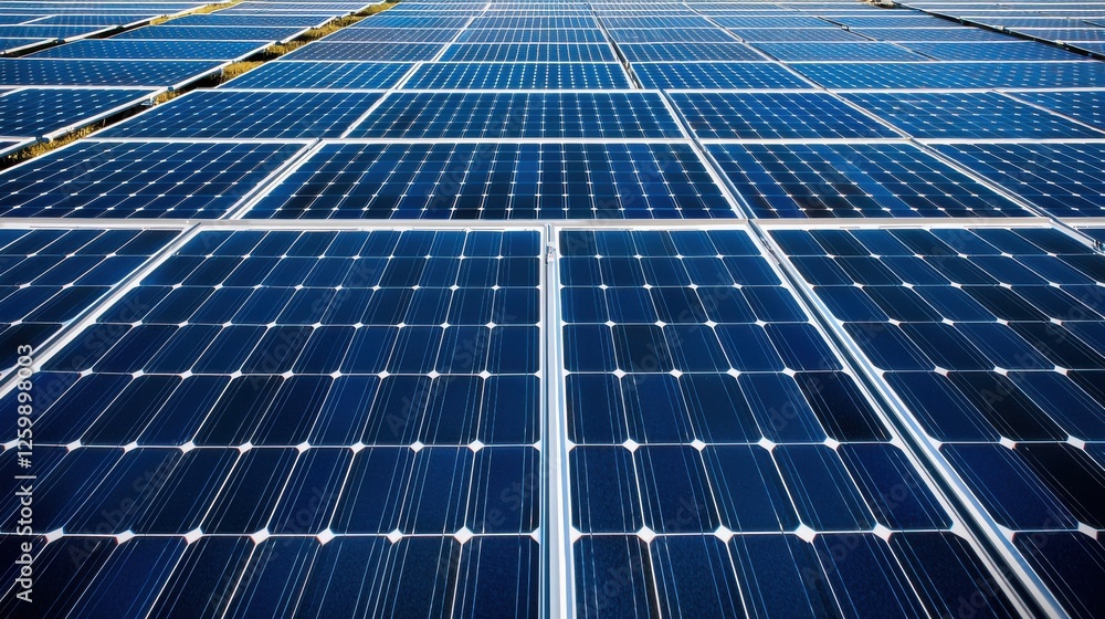 Large scale solar photovoltaic farm with rows of blue solar energy panels generating renewable electricity Large scale solar photovoltaic farm with rows of blue solar energy panels generating renewable electricity