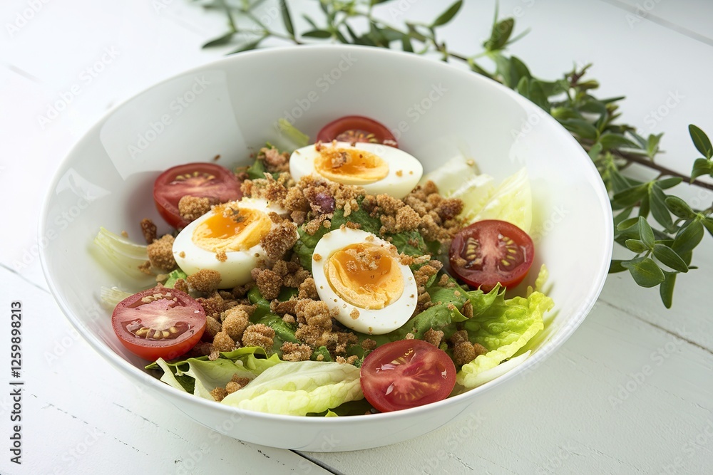 a salad with quail eggs, sliced cherry tomatoes, lettuce, and breadcrumbs a salad with quail eggs, sliced cherry tomatoes, lettuce, and breadcrumbs