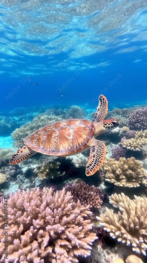 Fototapeta premium Beautiful Green Sea Turtle Swimming Over Vibrant Coral Reef in Crystal Clear Tropical Waters with Coral Formations, Underwater Nature