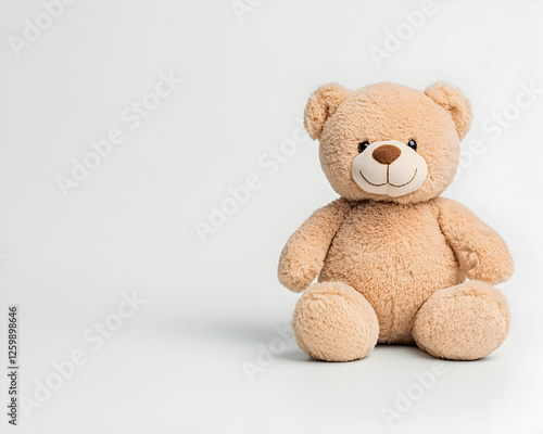 Cute beige teddy bear sitting isolated on white background. Gift for children