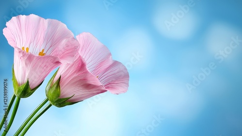  two pink coneflowers with their stems and buds against a blue sky background