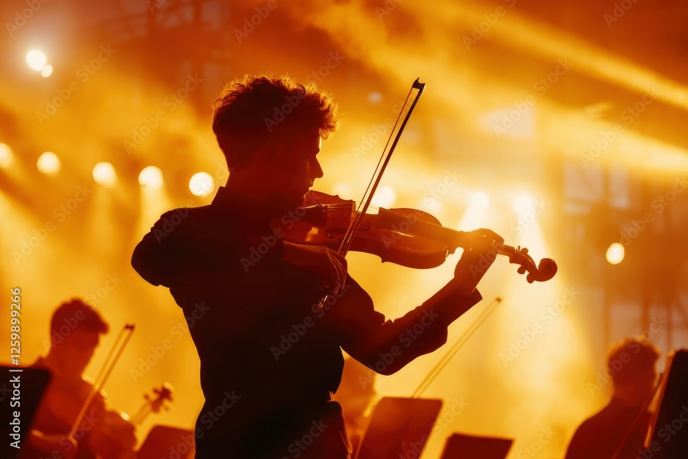 Fototapeta premium Violinist plays at outdoor concert bathed in orange light. Orchestra in background