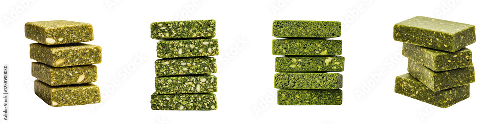 Obraz premium This image showcases a creative still life composition of stacked green superfood nutrition bars or granola cereal cubes The healthy