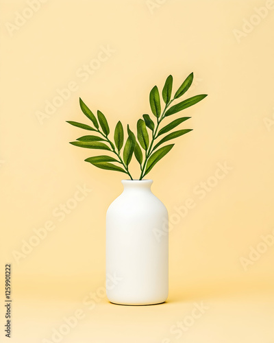 Green branches in a vase on a neutral backdrop for decoration or plant studies
