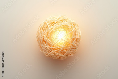 A glowing nest like light fixture made from delicate intertwined wires, radiating a warm light, set against a neutral background photo