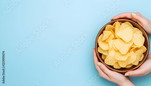 Hands holding chips bowl on blue background photo