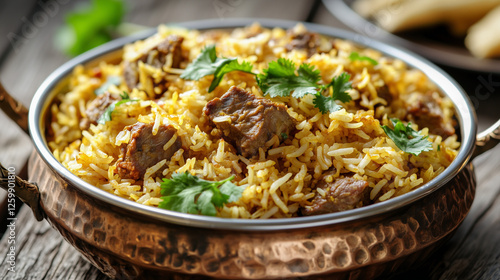 Authentic Lamb Biryani – Fragrant Spiced Rice with Tender Meat in a Copper Bowl