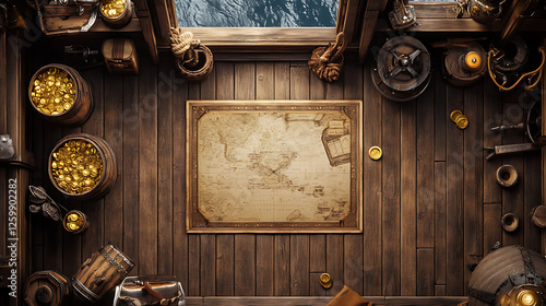 Overhead View of Pirate Ship Deck with Treasure Map and Gold Coins