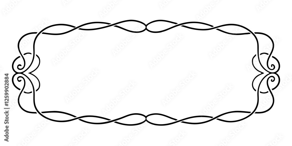 Obraz premium A gracefully intertwined black and white vector outline of a rectangular frame, embellished with stylized knot-like corner details, presents a sophisticated and versatile graphic border