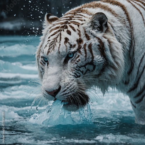 Ein majestätischer weißer Tiger, der dynamisch neben eisblauem Gletscherwasser rennt, mit einem sauberen weißen Hintergrund.