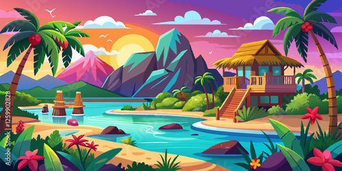 A vibrant vector illustration captures a serene tropical island scene at sunset, complete with palm trees, colorful mountains, a charming hut, and tranquil waters, evoking a sense of paradise and esca