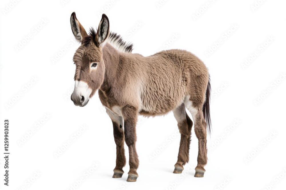 A brown donkey stands gracefully against a white background, showcasing its soft fur. isolated on white background. A brown donkey stands gracefully against a white background, showcasing its soft fur. isolated on white background.