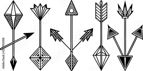 A set of five intricately designed black and white vector arrows, each with a unique geometric and decorative style, evokes a sense of tribal or ornamental artistry