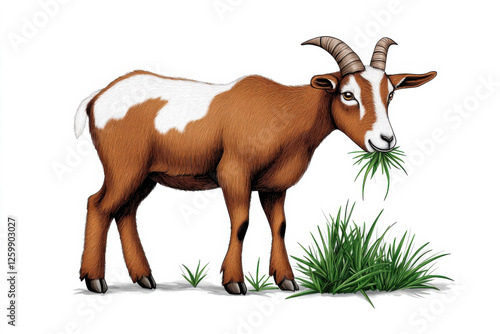 A brown and white goat grazing in a grassy field, showcasing natural beauty. isolated on white background. photo