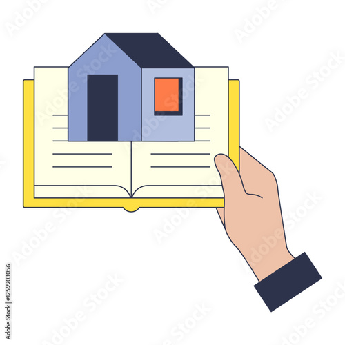 A hand holds an open book with a small house, symbolizing knowledge and home ownership.