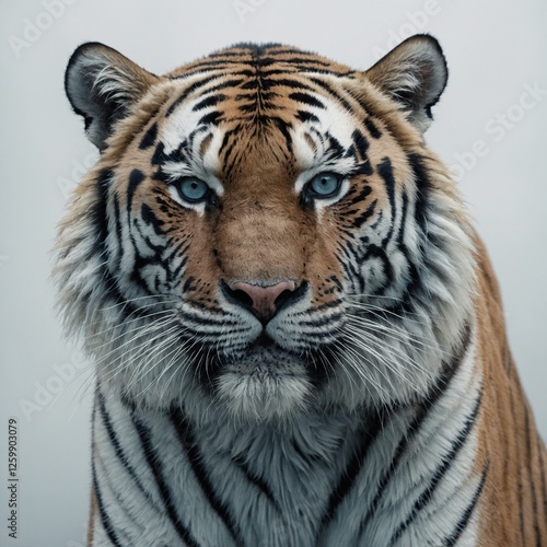 Ein hyperrealistisches Porträt eines weißen Tigers, der kraftvoll neben strahlend blauem Gletscherwasser sprintet, vor einem minimalistischen weißen Hintergrund.