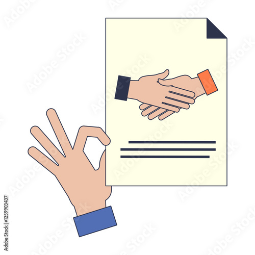A hand offers a document with a handshake icon, symbolizing agreement or partnership.