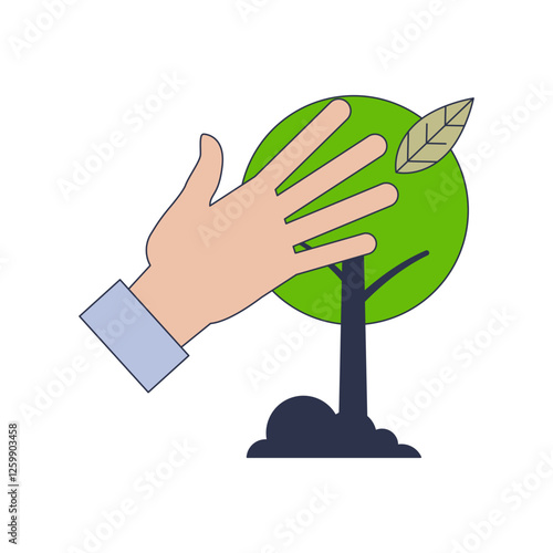 A hand partially covers a small tree, symbolizing protection and care.