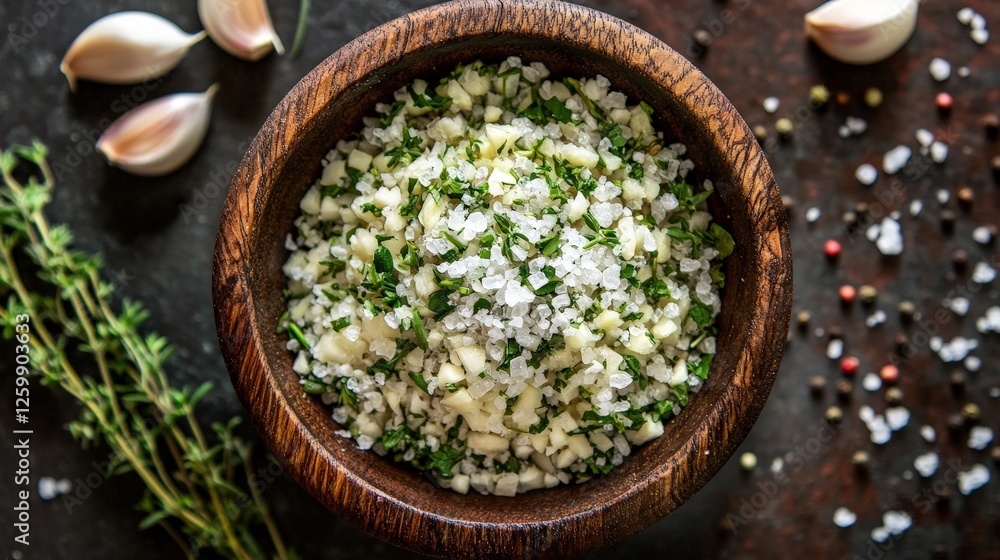 A wooden bowl filled with garlic, herbs, and salt, ideal for seasoning dishes. A wooden bowl filled with garlic, herbs, and salt, ideal for seasoning dishes.