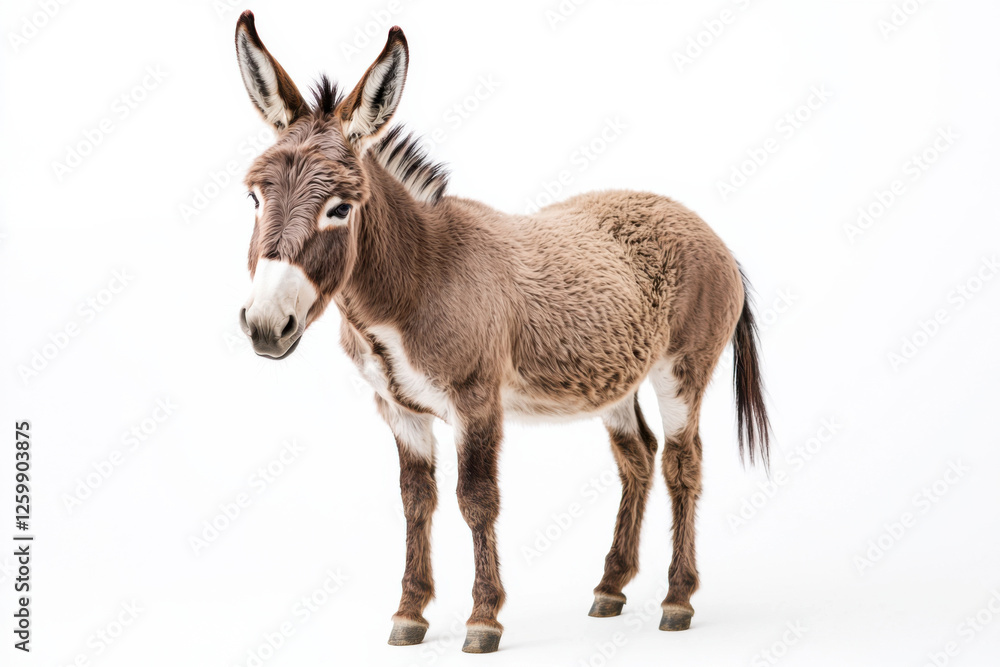 Obraz premium A playful and curious donkey stands confidently against a white backdrop. isolated on white background.
