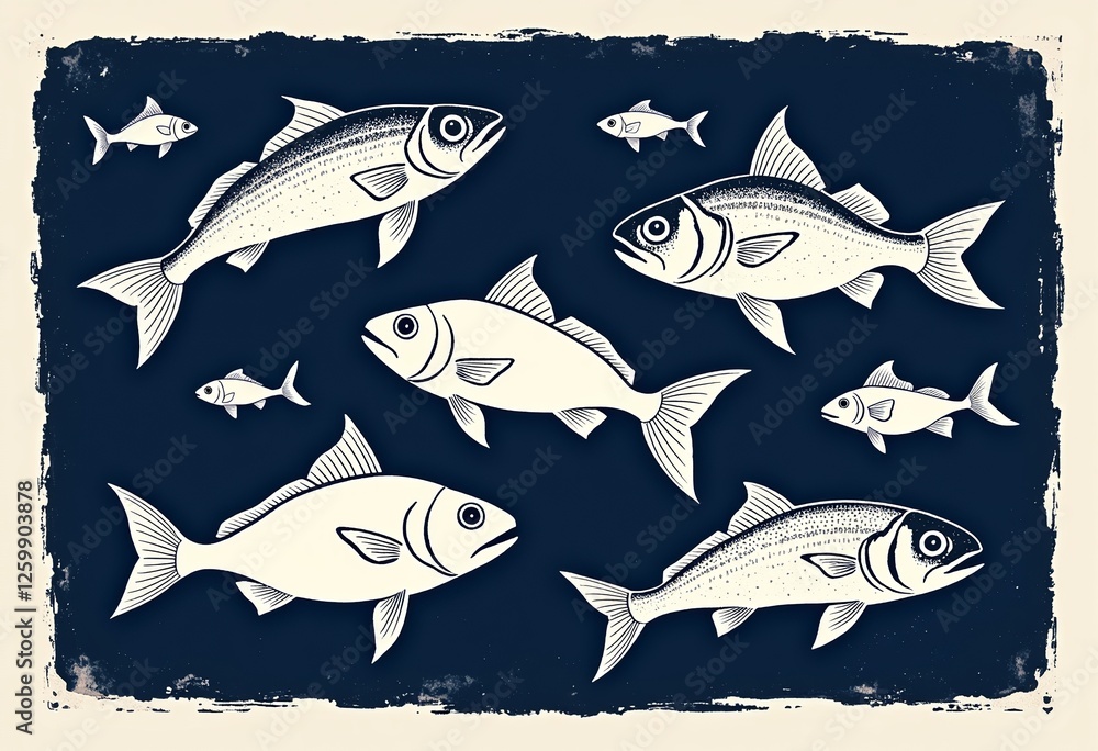 Fototapeta premium ヴィンテージ魚のリノカット・ベクターイラスト：紺碧の背景にミニマルな白い魚の形、航海テーマ、沿岸の装飾、シーフードメニュー、レトロなクリップアートプロジェクトに最適。