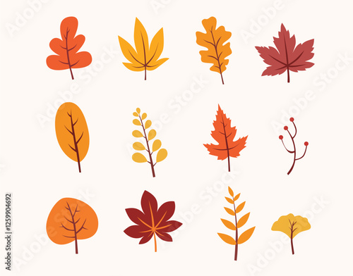 Set of autumn leaves, fallen leaves, flat design vector illustration isolated on white background, hand drawn