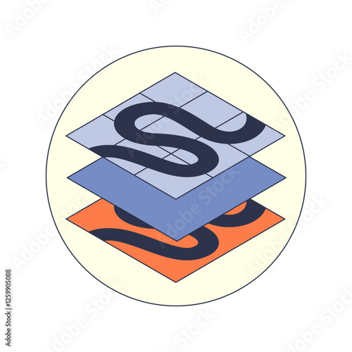 Stacked map layers with winding paths symbolize data integration and spatial analysis.