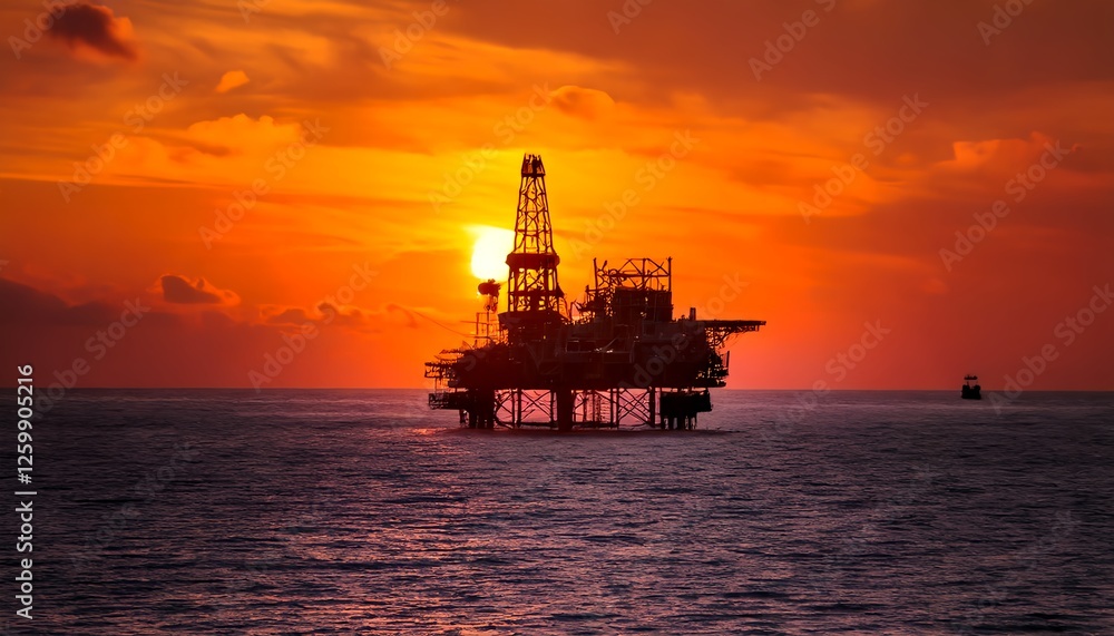 Oil platform middle of the sea with red sunset Oil platform middle of the sea with red sunset