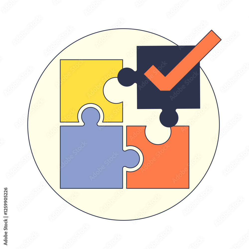 Four puzzle pieces with a checkmark symbolize problem-solving and completion. Four puzzle pieces with a checkmark symbolize problem-solving and completion.