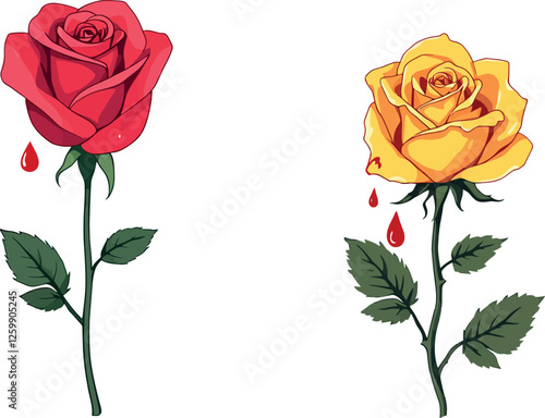 Vsai red and yellow bleeding roses with dripping blood symbolizing sadness