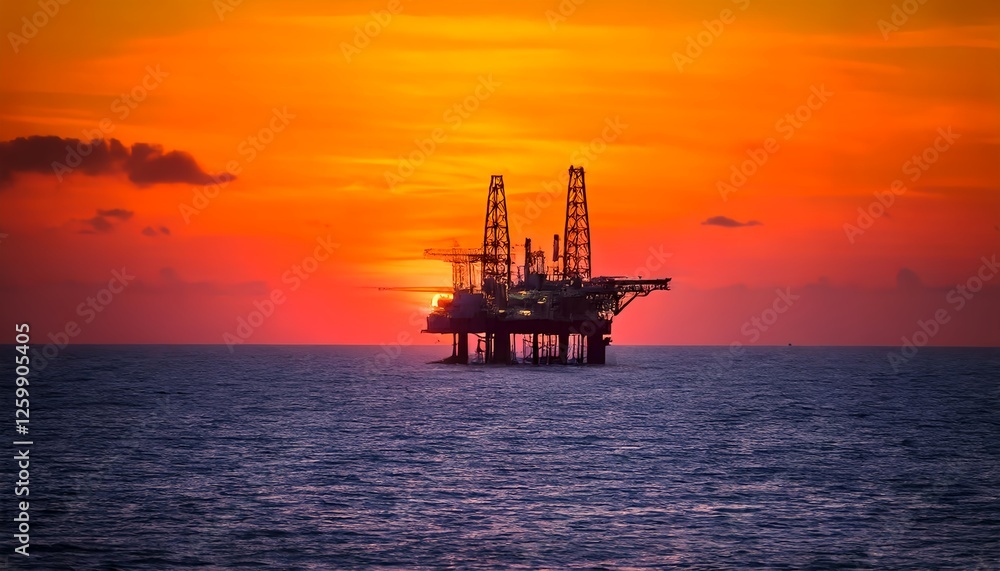 Oil platform middle of the sea with red sunset Oil platform middle of the sea with red sunset