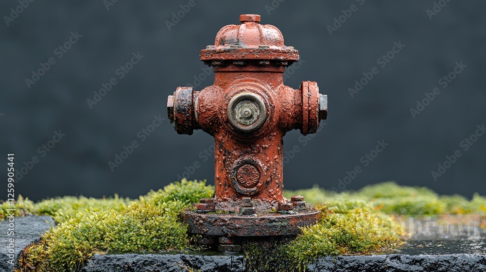 A weathered red fire hydrant covered in moss, set against a dark background with natural elements A weathered red fire hydrant covered in moss, set against a dark background with natural elements